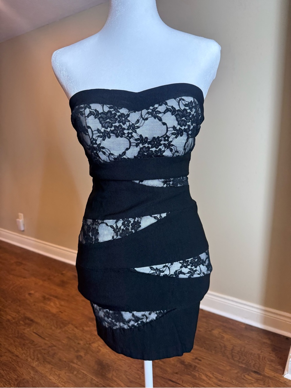 Body Central Black Strapless Lace Bandage Dress